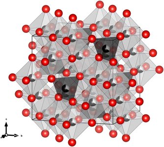 Atomic model of a mixed spinel structure showing the distribution of iron, oxygen and the metal ions.