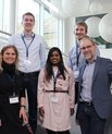 Speakers and Nanoscience alumni, Søren Porsgaard, Simon Frølich, Sabrina Rostgaard Johannsen, Karthiga Panneerselvam along with Center Director Trolle Linderoth at iNANO Alumni Day 2019. (Photo by Lise R. L. Pedersen, AU)