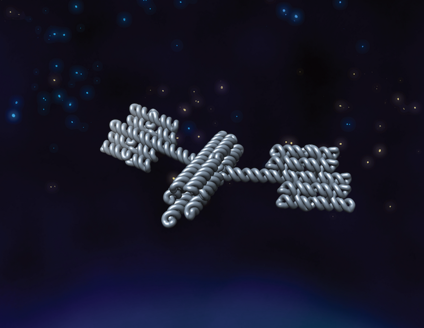 "Nanosatellite explores folding space". Artist rendering by Cody Geary showing an RNA satellite exploring the possibilities for folding and applications in nanomedicine and synthetic biology. 