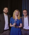 iNANO researchers, Line Debois Frejlev Nielsen (middle) and Malthe Hansen-Bruhn (left), won the Bioinnovation Institute (BII) Acceleration Award at BII DemoDAY 2019. Jens Nielsen (right) is Chief Executive Officer at BII. (Photo: Esben Zøllner Olesen)