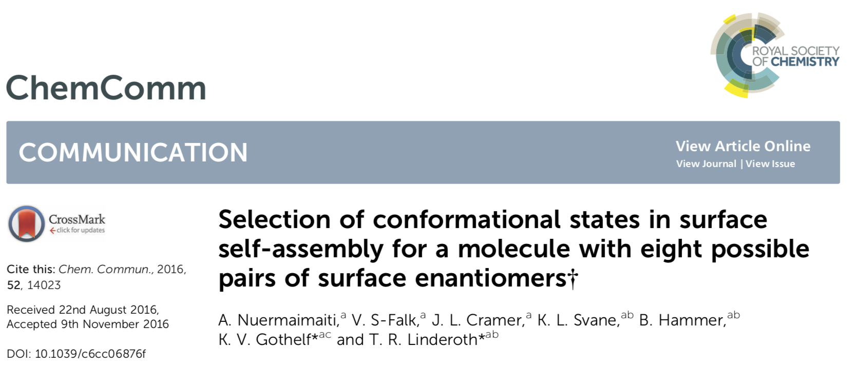 Screenshot from the article Selection of conformational states in surface self-assembly for a molecule with eight possible pairs of surface enantiomers published in ChemComm
